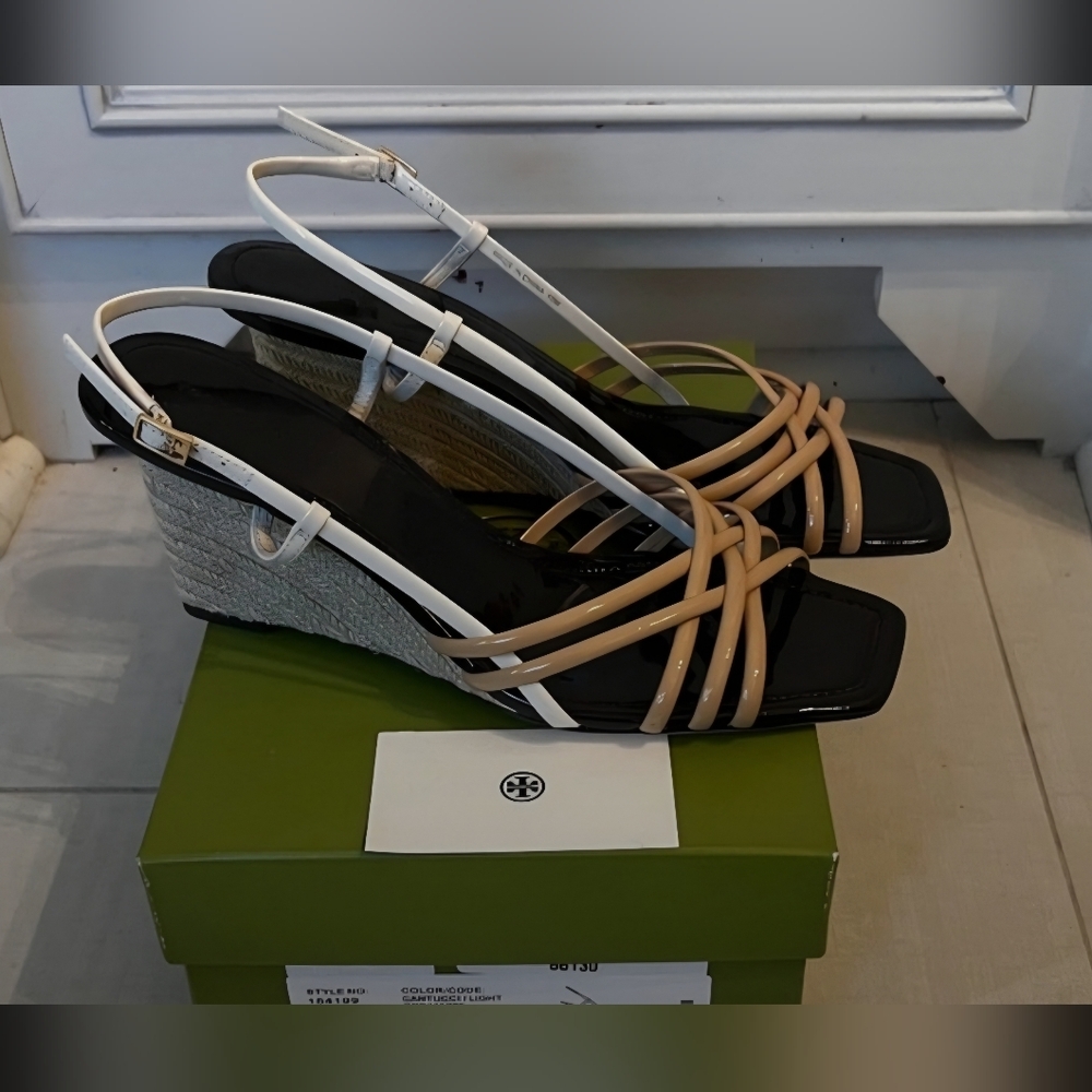 NIB Tory Burch Black, White and Tan Strappy Wedge Sandals Size 10
